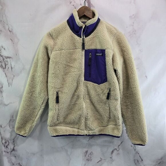 Patagonia Jacket Womens Beige Purple Retro X Deep Pile Fleece Full Zip Sherpa